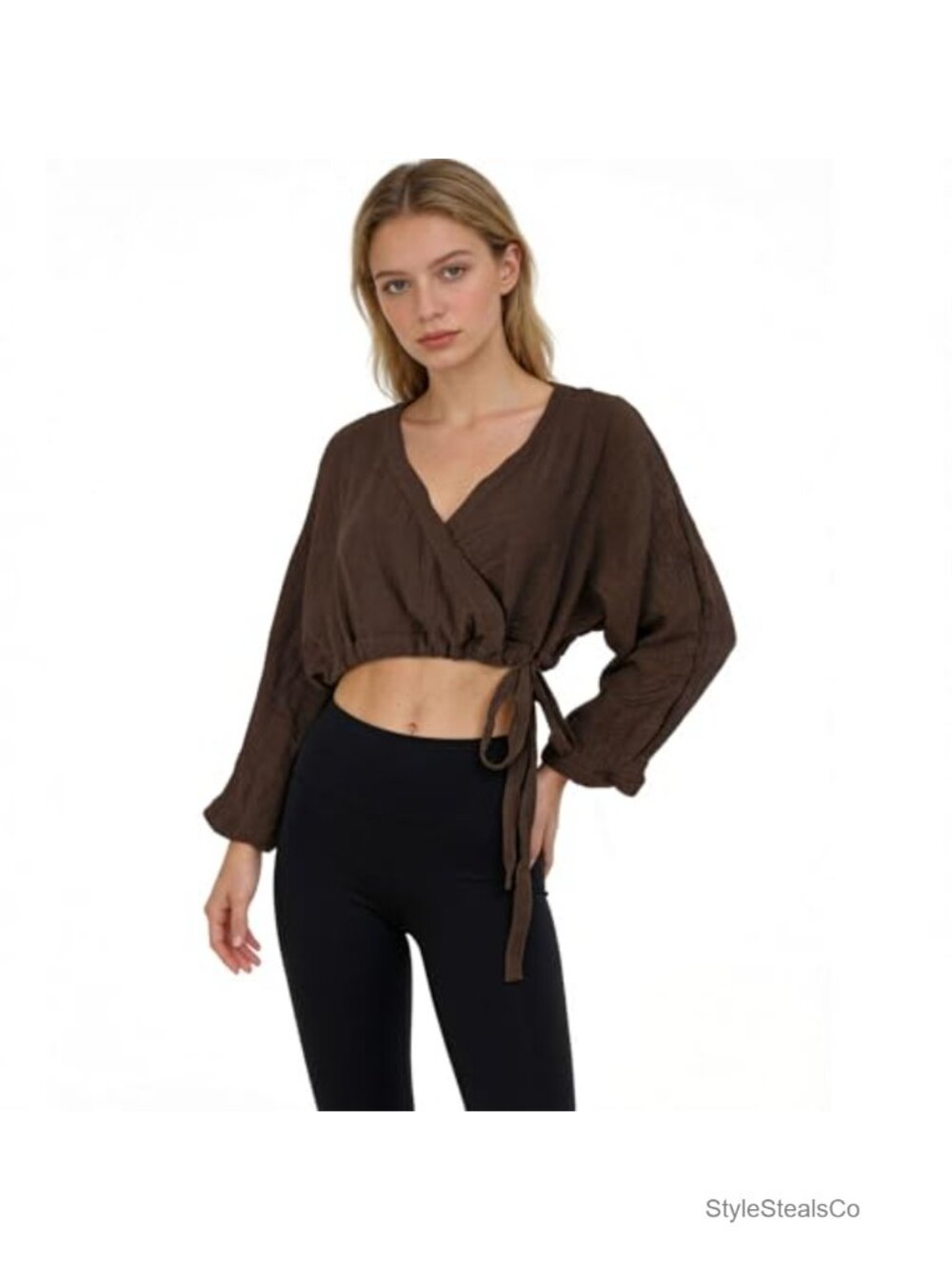 Cotton Double Gauze Wrap Crop Top Long Sleeve V Neck Tie Side Summer Yoga Top